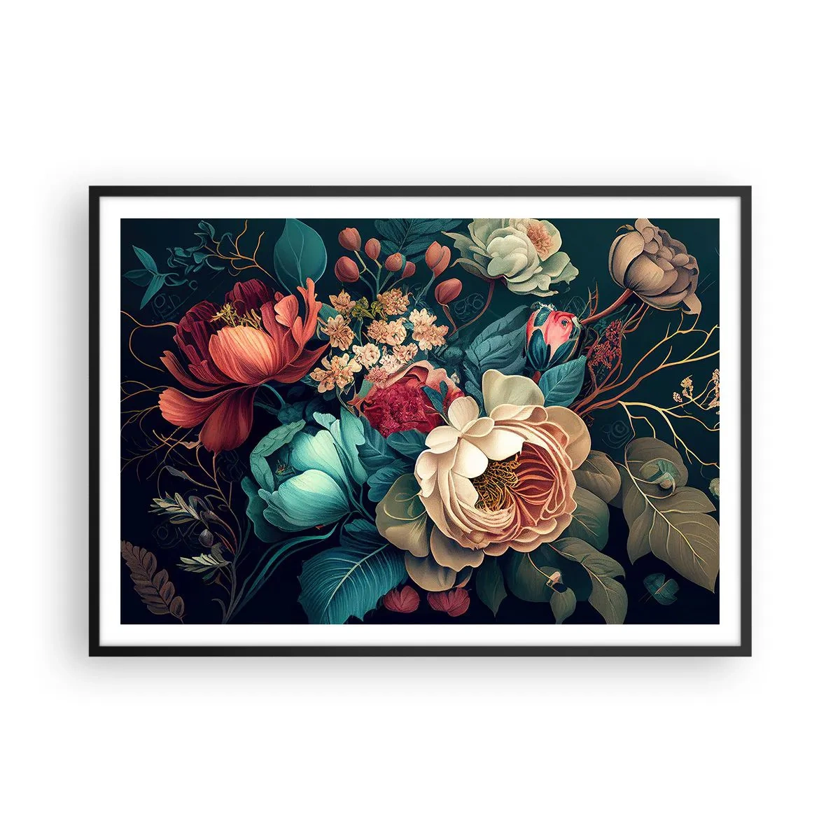 Affiche dans un cadre noir - Poster - Une composition colorée de fleurs sur un fond sombre - 100x70cm - le charme du 19ème siècle - Décoration murale moderne pour le salon et la chambre ARTTOR