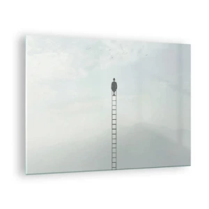 Impression sur verre - Image sur verre - Silhouette d'un homme au sommet d'une échelle dans les nuages - 70x50cm - Se soulever au-dessus - Décoration murale moderne pour le salon et la chambre ARTTOR