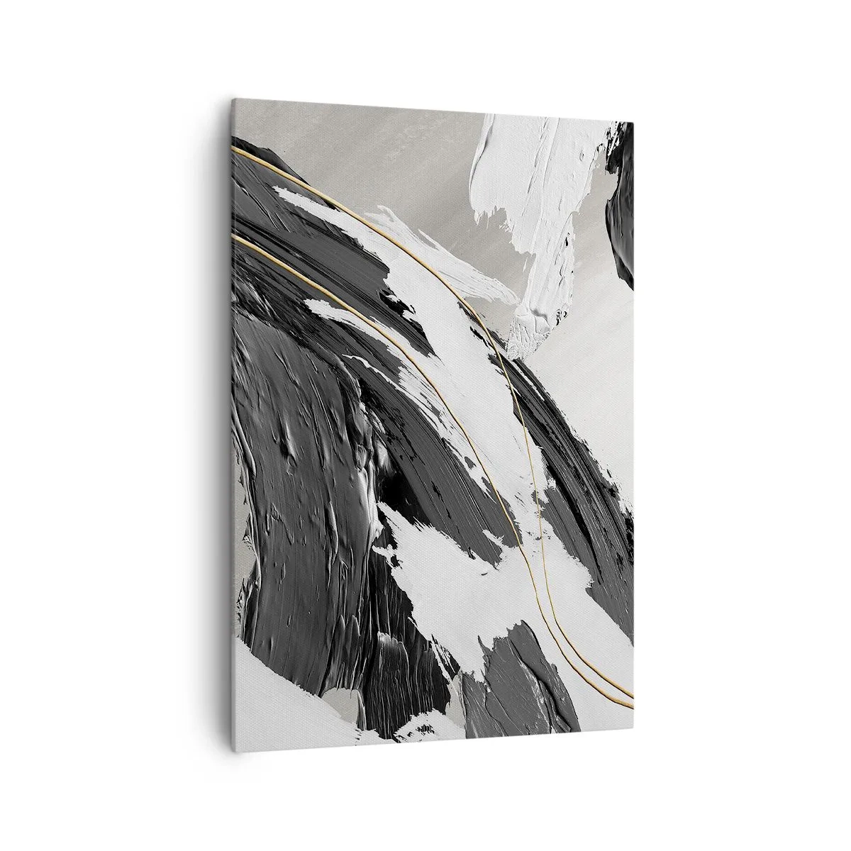 Impression sur toile - Image sur toile - Coups de pinceau noirs et blancs avec une subtile touche dorée - 70x100cm - L'abstraction à grande échelle - Décoration murale moderne pour le salon et la chambre ARTTOR