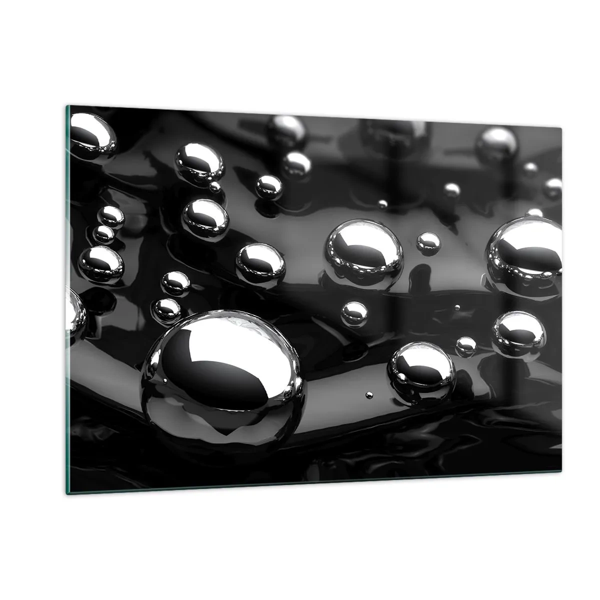 Impression sur verre - Image sur verre - Gouttes métalliques sur une surface noire - 120x80cm - D'un ton noir - Décoration murale moderne pour le salon et la chambre ARTTOR