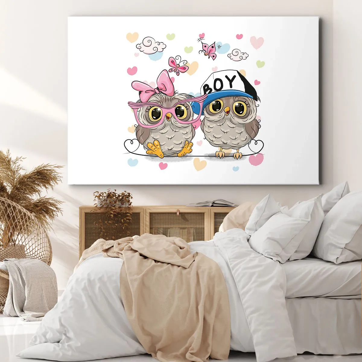 Impression sur toile - Image sur toile - Deux adorables hiboux entourés de cœurs - 100x70cm - On s'aime! - Décoration murale moderne pour le salon et la chambre ARTTOR