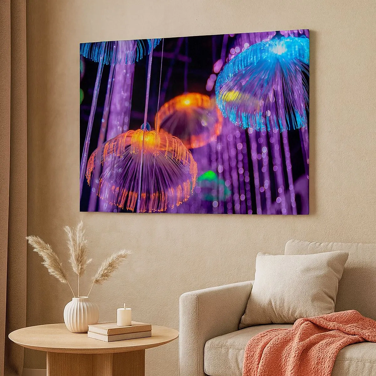 Impression sur toile - Image sur toile - Méduses lumineuses colorées dans un environnement sombre - 70x50cm - Fontaine lumineuse - Décoration murale moderne pour le salon et la chambre ARTTOR