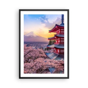 Affiche dans un cadre noir - Poster - Une pagode surplombant le mont Fuji entourée de cerisiers en fleurs au coucher du soleil - 50x70cm - Essence d'âme japonnaise - Décoration murale moderne pour le salon et la chambre ARTTOR