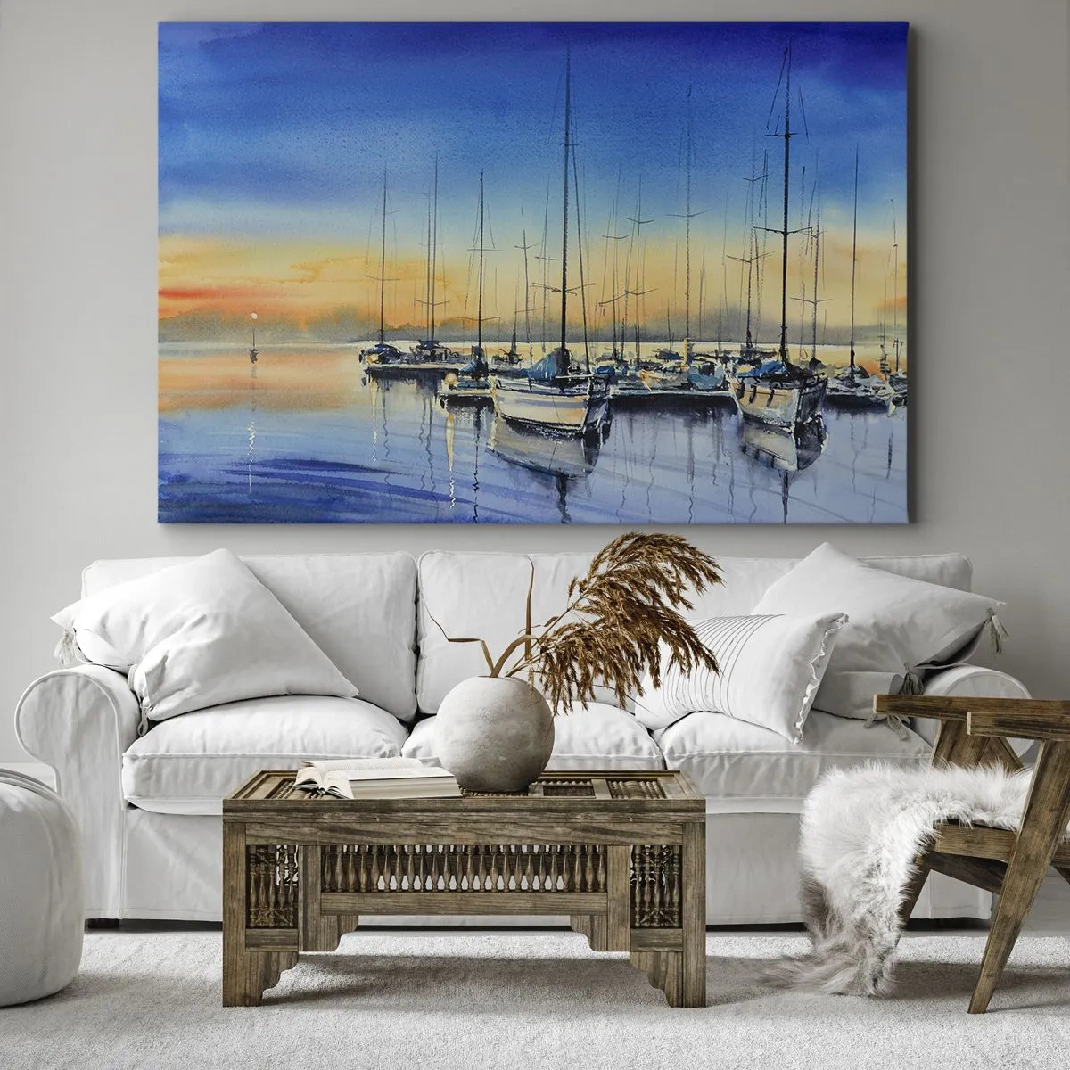 Impression sur toile - Image sur toile - Port de plaisance au coucher du soleil avec reflets sur l'eau - 70x50cm - Fin d'une belle journée - Décoration murale moderne pour le salon et la chambre ARTTOR