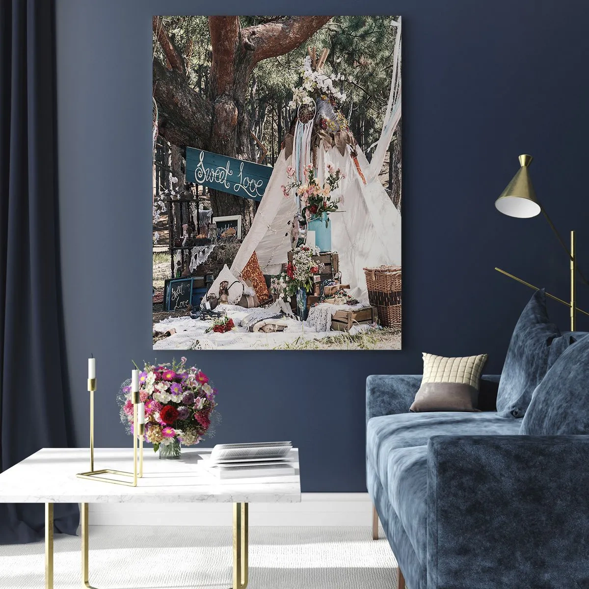 Impression sur verre - Image sur verre - Décoration bohème avec un tipi dans la forêt - 80x120cm - Make love… - Décoration murale moderne pour le salon et la chambre ARTTOR