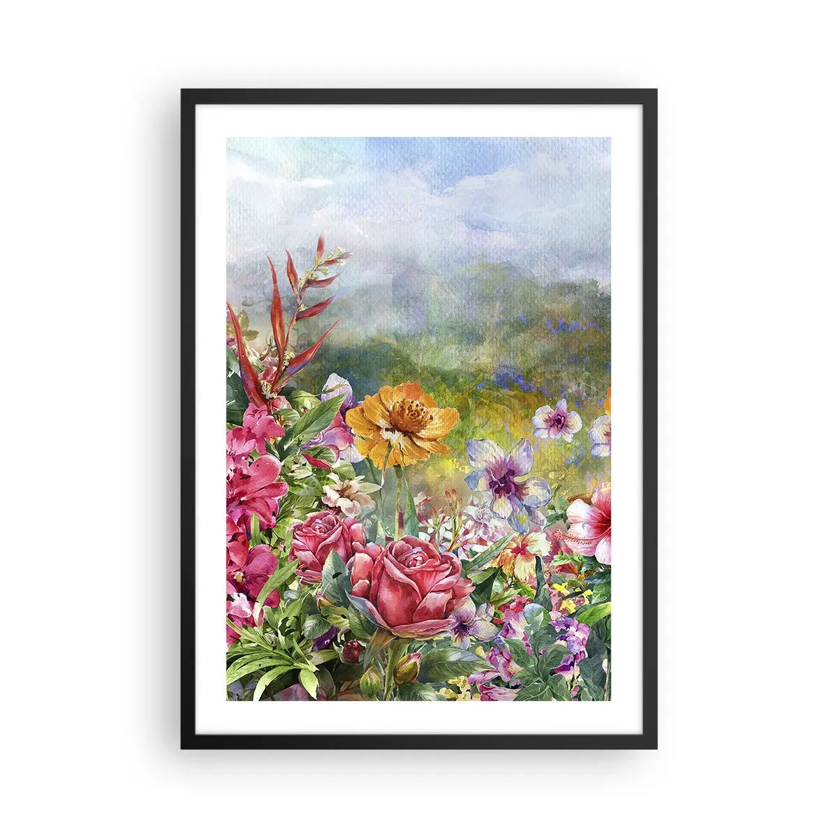 Affiche dans un cadre noir - Poster - Un champ de fleurs par une journée ensoleillée - 50x70cm - Un jardin devenu fou - Décoration murale moderne pour le salon et la chambre ARTTOR