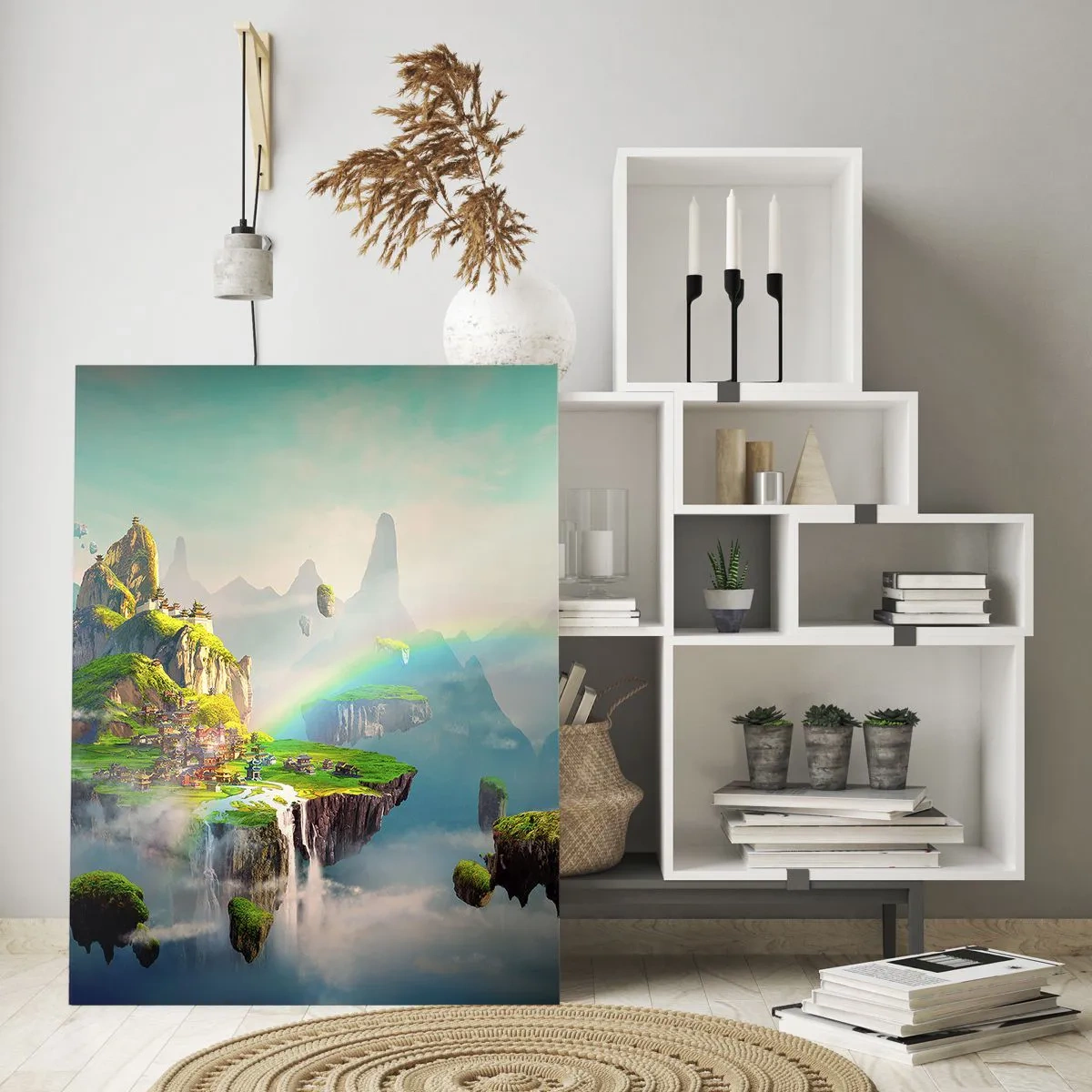 Impression sur verre - Image sur verre - Îles volantes dans les nuages avec arcs-en-ciel et cascades - 50x70cm - Au milieu des cieux - îles du bonheur - Décoration murale moderne pour le salon et la chambre ARTTOR