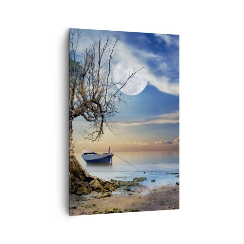 Impression sur toile - Image sur toile - Un arbre solitaire et un bateau sur une eau calme sous la pleine lune. - 80x120cm - Est-ce la fin ou le début ? - Décoration murale moderne pour le salon et la chambre ARTTOR