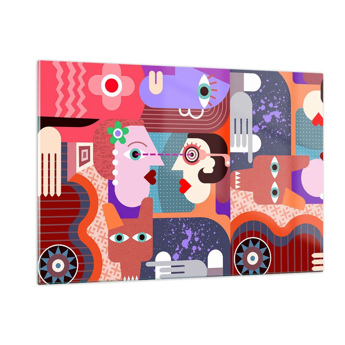 Impression sur verre - Image sur verre - Une composition abstraite de visages et de formes aux couleurs intenses. - 120x80cm - Les yeux dans les yeux - Décoration murale moderne pour le salon et la chambre ARTTOR