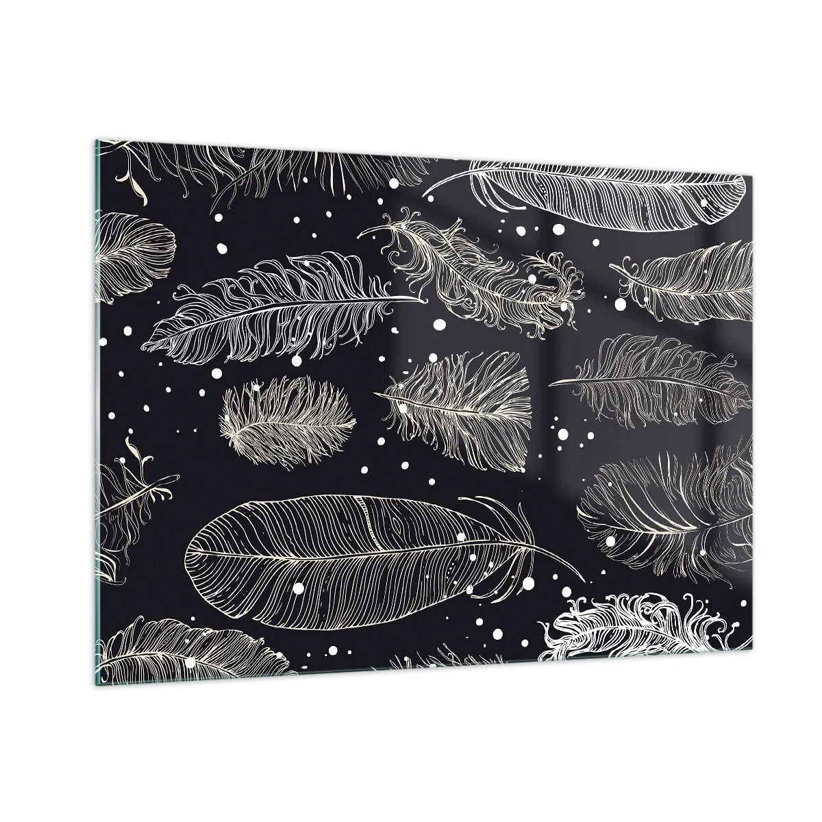 Impression sur verre - Image sur verre - Plumes blanches sur fond noir avec des détails subtils - 100x70cm - Toile de plumes - Décoration murale moderne pour le salon et la chambre ARTTOR