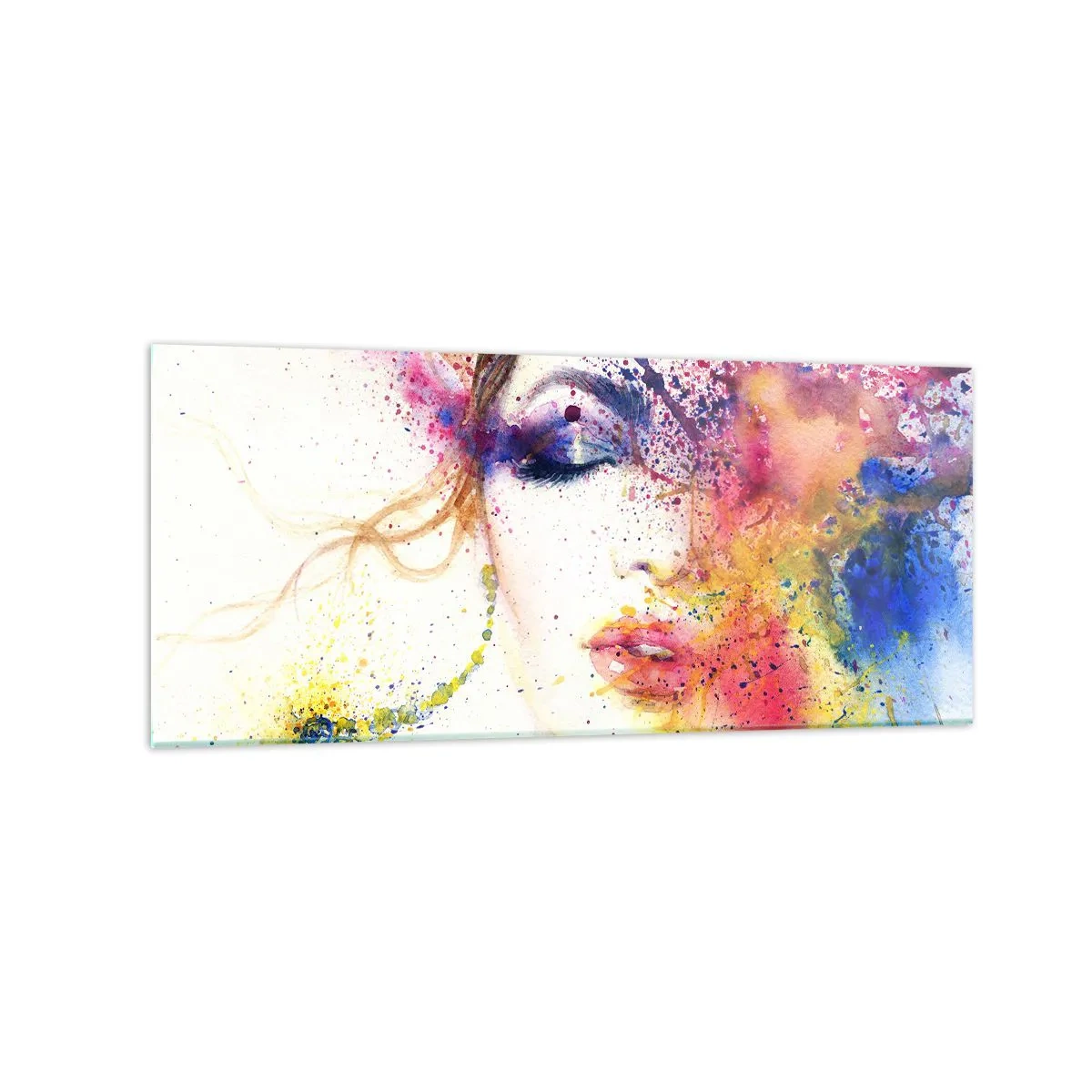 Impression sur verre - Image sur verre - Un portrait artistique d'une femme aux couleurs aquarelles expressives. - 120x50cm - Vertiges arc-en-ciel - Décoration murale moderne pour le salon et la chambre ARTTOR