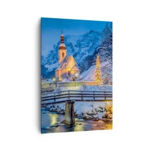 Impression sur toile - Image sur toile - Paysage d'hiver avec une église, un pont et des montagnes au crépuscule - 70x100cm - L'âme du monde - Décoration murale moderne pour le salon et la chambre ARTTOR