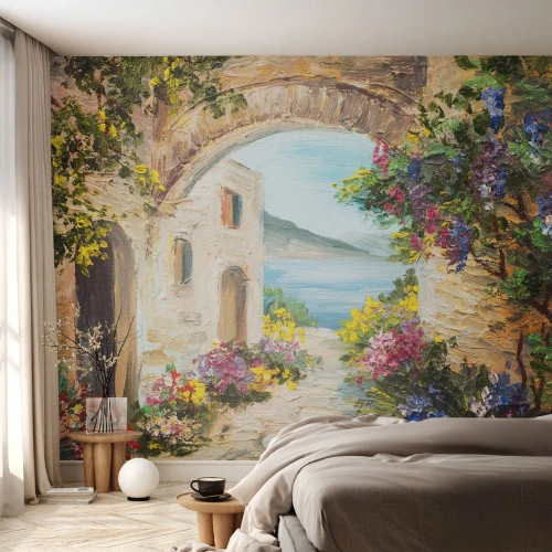 Papier Peint Photo Standard Eco - Le charme d'une province côtière - Architecture, Grèce, Fleurs - 200x140 cm