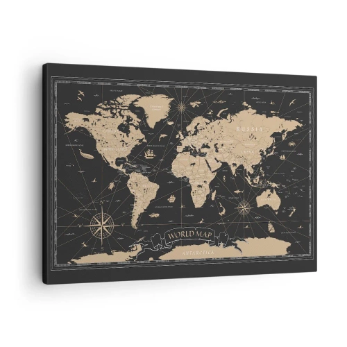 Impression sur toile - Image sur toile - Une carte du monde stylisée sur fond noir avec des accents beiges. - 70x50cm - Les limites de mon monde - Décoration murale moderne pour le salon et la chambre ARTTOR