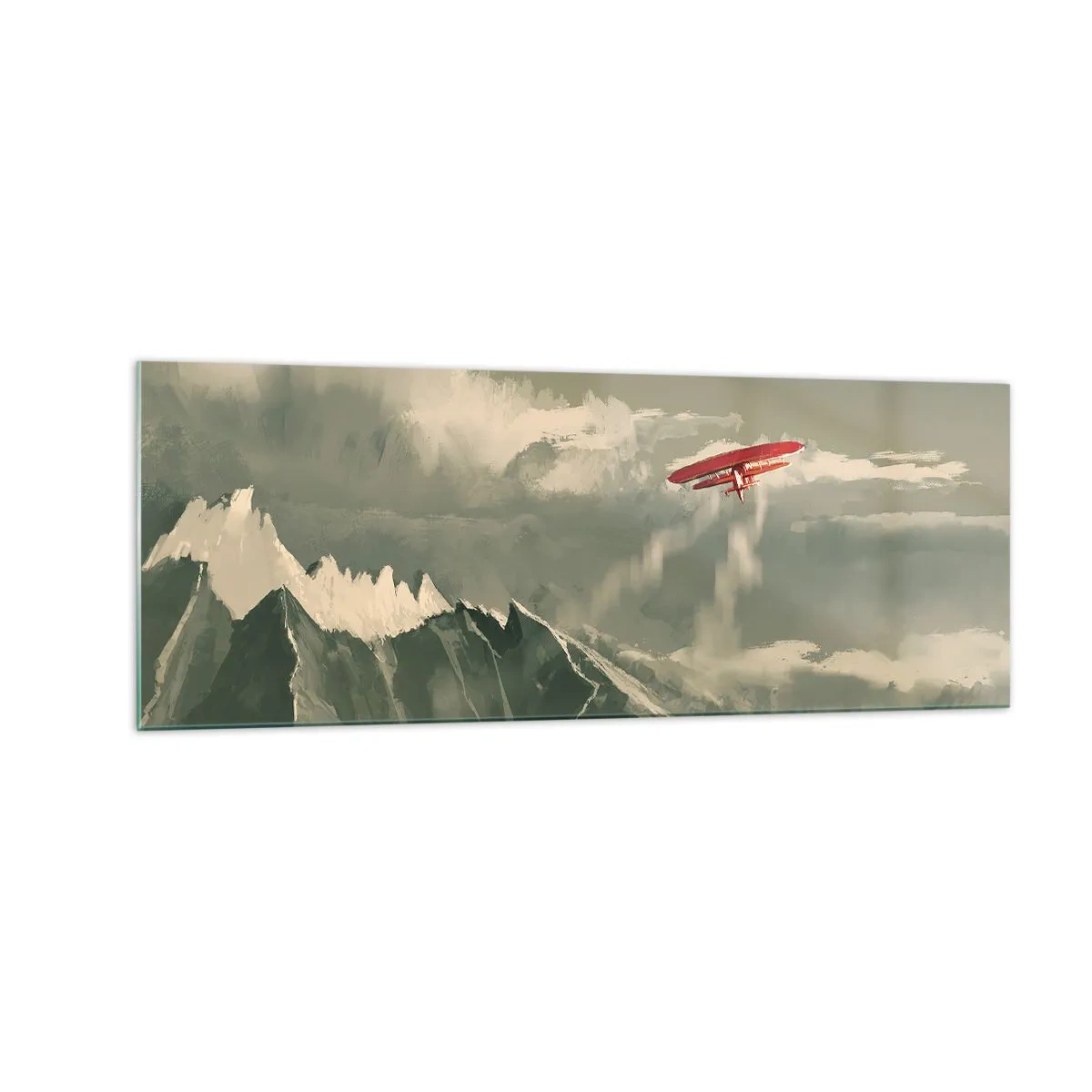 Impression sur verre - Image sur verre - Avion rouge au-dessus des montagnes enneigées - 140x50cm - Pionnier intrépide - Décoration murale moderne pour le salon et la chambre ARTTOR
