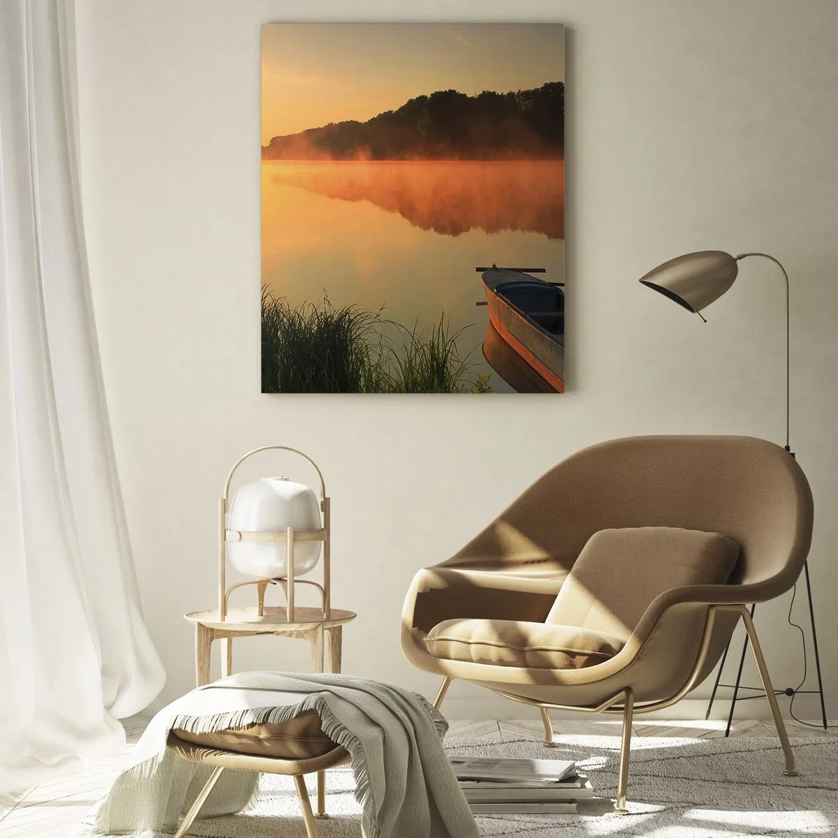 Impression sur verre - Image sur verre - Brouillard matinal sur la rivière avec un bateau sous les rayons du soleil - 80x120cm - Lever du soleil sur l'eau comme un miroir - Décoration murale moderne pour le salon et la chambre ARTTOR