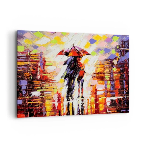 Impression sur toile - Image sur toile - Une scène abstraite d'une promenade sous un parapluie par une nuit pluvieuse. - 120x80cm - Ensemble à travers la nuit et la pluie - Décoration murale moderne pour le salon et la chambre ARTTOR