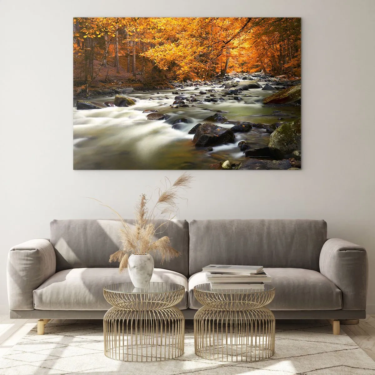 Impression sur verre - Image sur verre - Forêt d'automne avec un ruisseau et des pierres - 70x50cm - Un ruisseau dans une forêt dorée - Décoration murale moderne pour le salon et la chambre ARTTOR