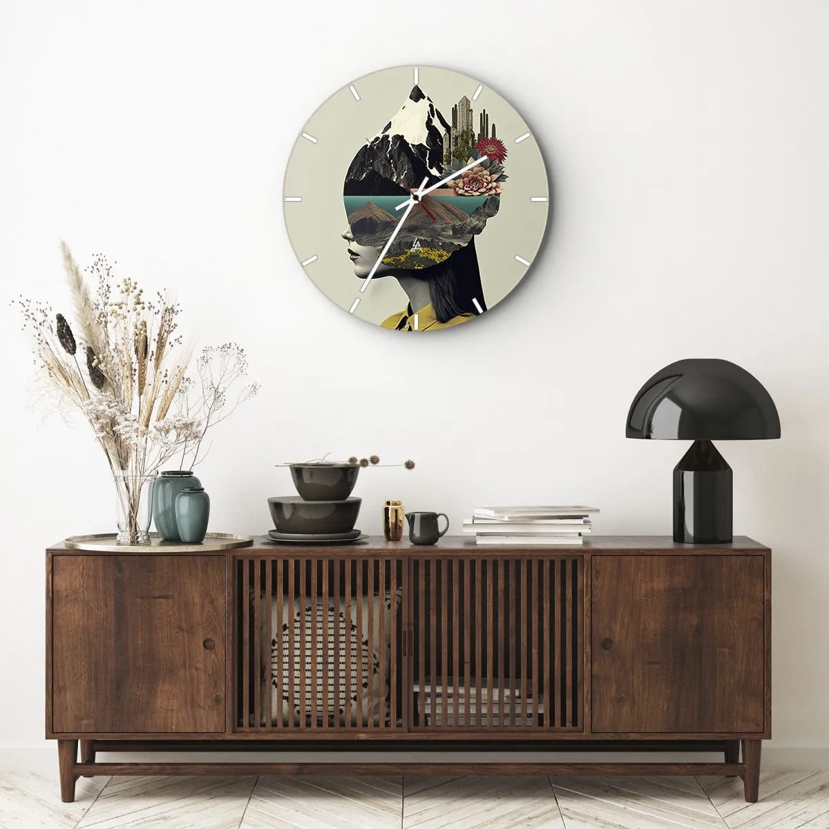 Horloge murale - Pendule murale - Portrait artistique d'une femme avec un paysage et des fleurs dans la tête - 30x30cm - La femme – toujours un mystère - Décoration murale moderne pour le salon, la cuisine et la chambre ARTTOR