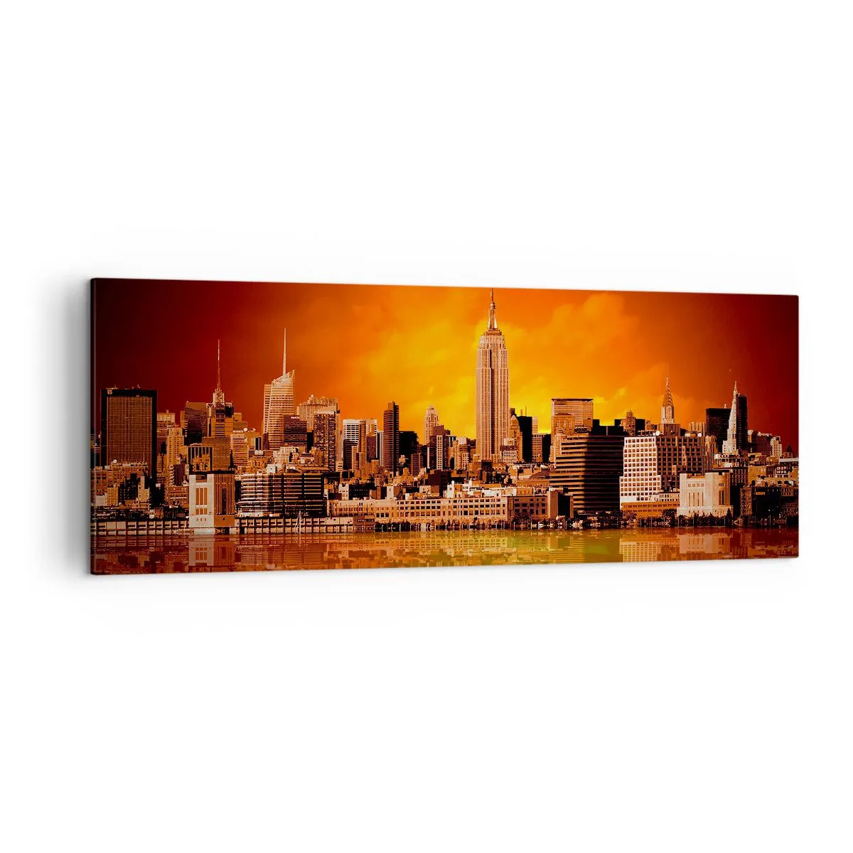 Impression sur toile - Image sur toile - Panorama de la ville au coucher du soleil avec les bâtiments se reflétant dans l'eau - 140x50cm - Panorama de grande ville en jaune et bronze - Décoration murale moderne pour le salon et la chambre ARTTOR