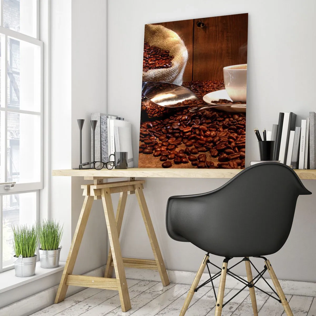 Impression sur verre - Image sur verre - Une tasse de café sur fond de haricots et d'un sac en jute - 50x70cm - Sentez-vous cette odeur? - Décoration murale moderne pour le salon et la chambre ARTTOR