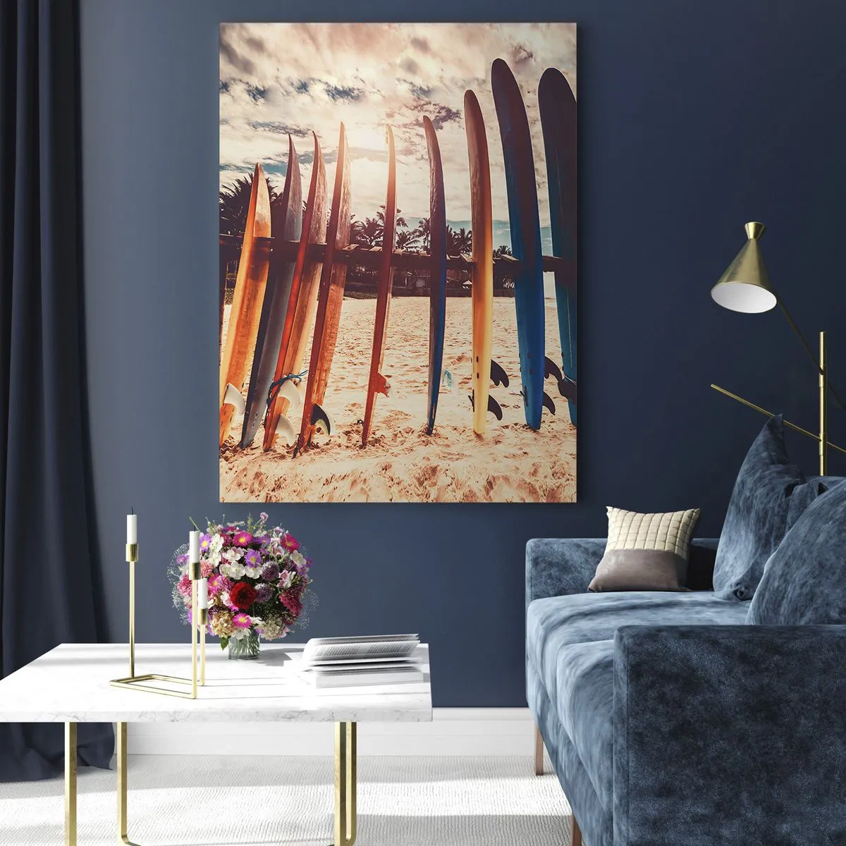 Impression sur verre - Image sur verre - Planches de surf sur la plage au coucher du soleil - 80x120cm - Bonne nuit, à demain - Décoration murale moderne pour le salon et la chambre ARTTOR