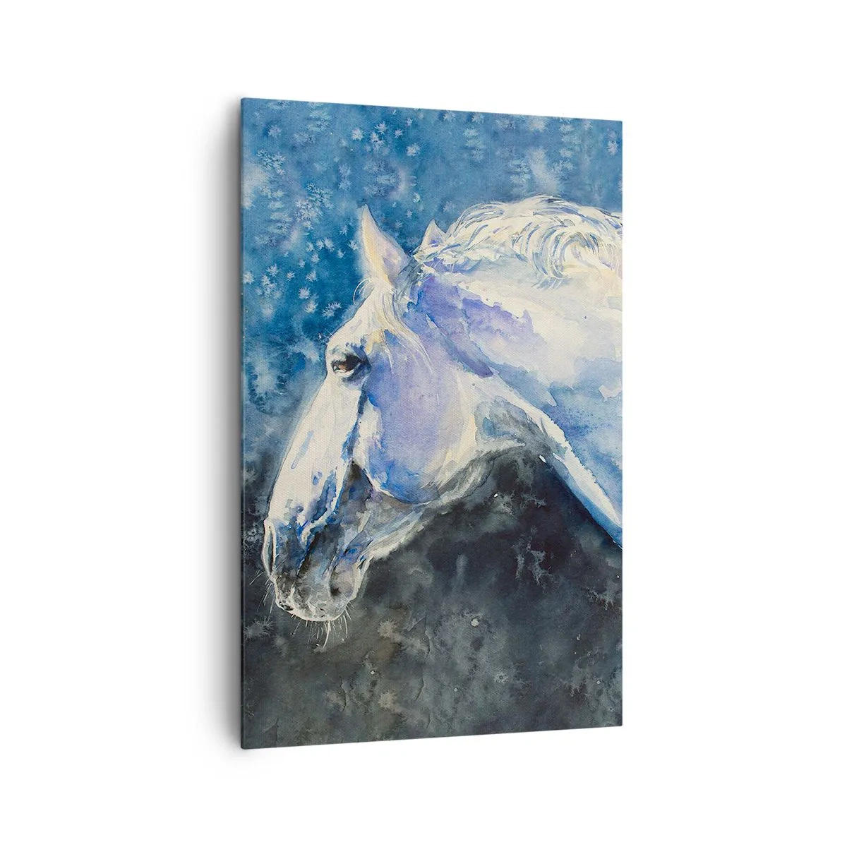Impression sur toile - Image sur toile - Portrait d'un cheval dans des tons de bleu avec un effet aquarelle pictural. - 80x120cm - Portrait dans une lueur azur - Décoration murale moderne pour le salon et la chambre ARTTOR