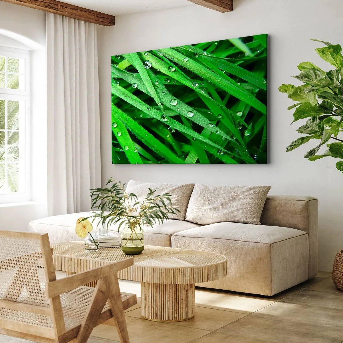 Impression sur toile - Image sur toile - Gros plan de brins d'herbe verte avec des gouttes de rosée - 120x80cm - Jouez dans le vert - Décoration murale moderne pour le salon et la chambre ARTTOR