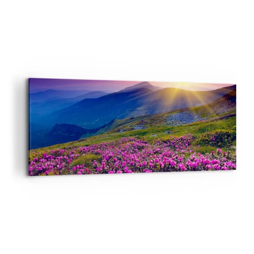 Impression sur toile - Image sur toile - Une prairie fleurie avec vue sur les montagnes au coucher du soleil - 120x50cm - … Et autour, ça sent le pin des montagnes et l'odeur de la prairie - Décoration murale moderne pour le salon et la chambre ARTTOR