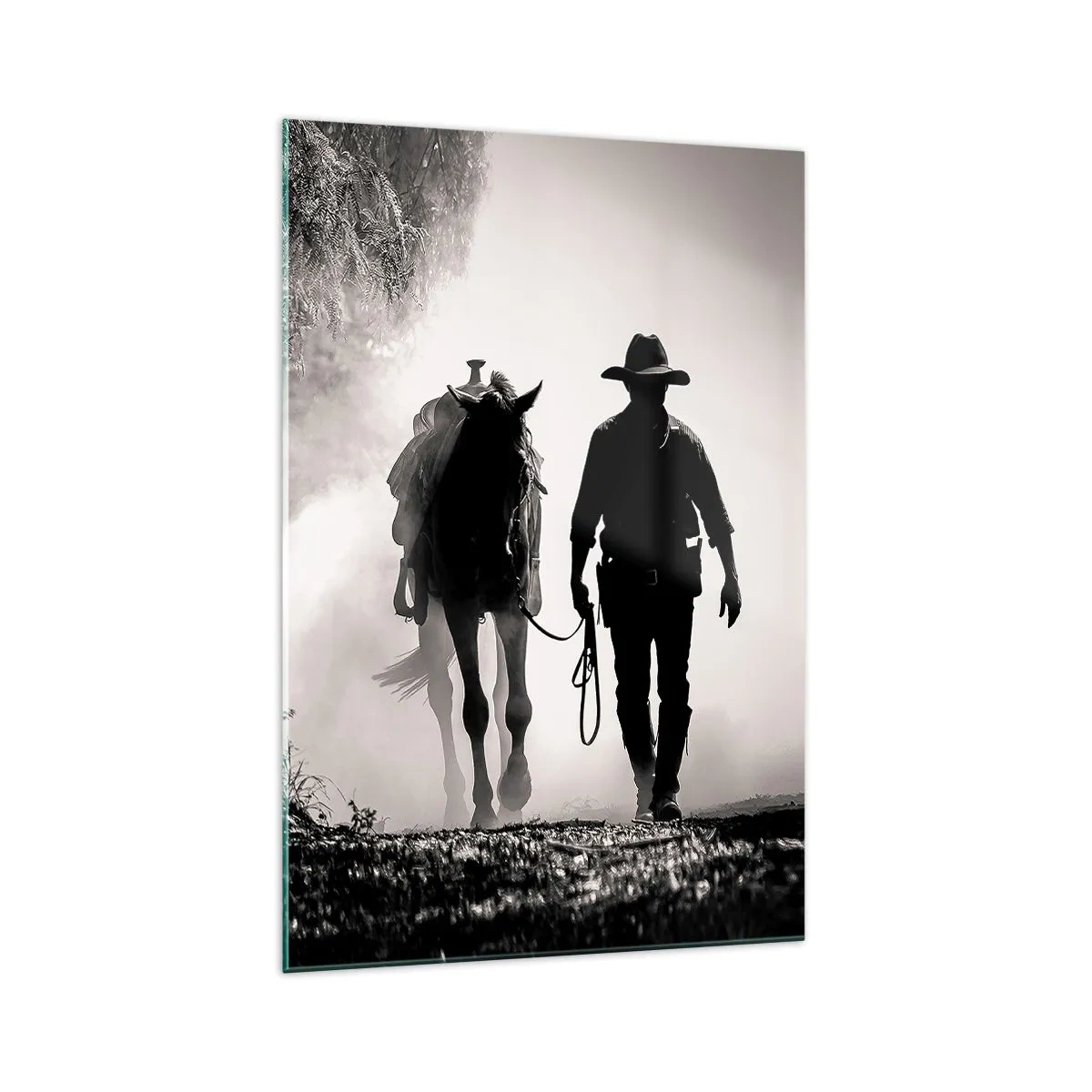 Impression sur verre - Image sur verre - Cowboy avec cheval dans le brouillard matinal - 70x100cm - Matinée texane - Décoration murale moderne pour le salon et la chambre ARTTOR