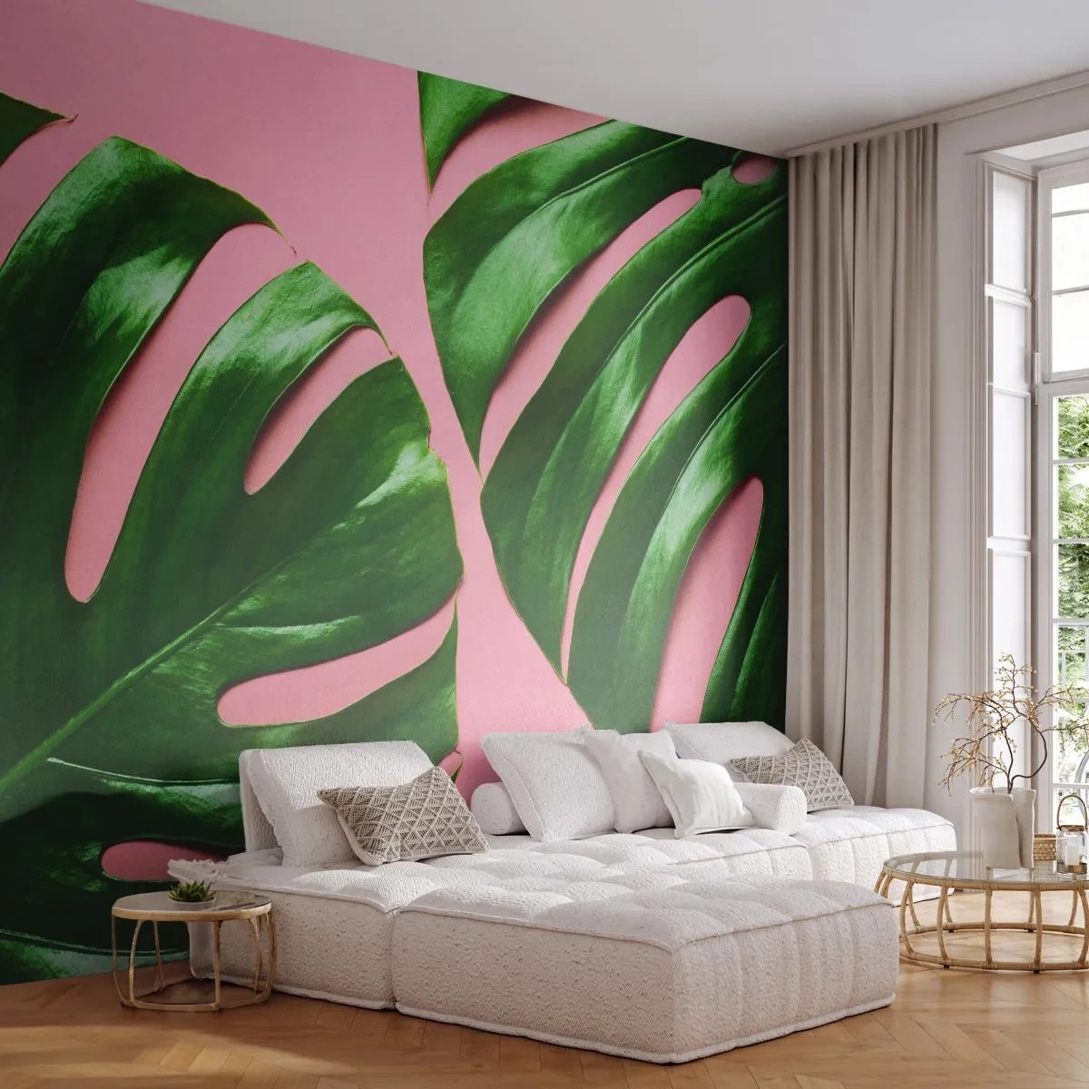 Papier Peint Photo Premium Sand - Feuilles de monstera vertes sur fond rose - 100x70cm - Rendez-vous vert - Décoration murale moderne pour le salon et la chambre ARTTOR