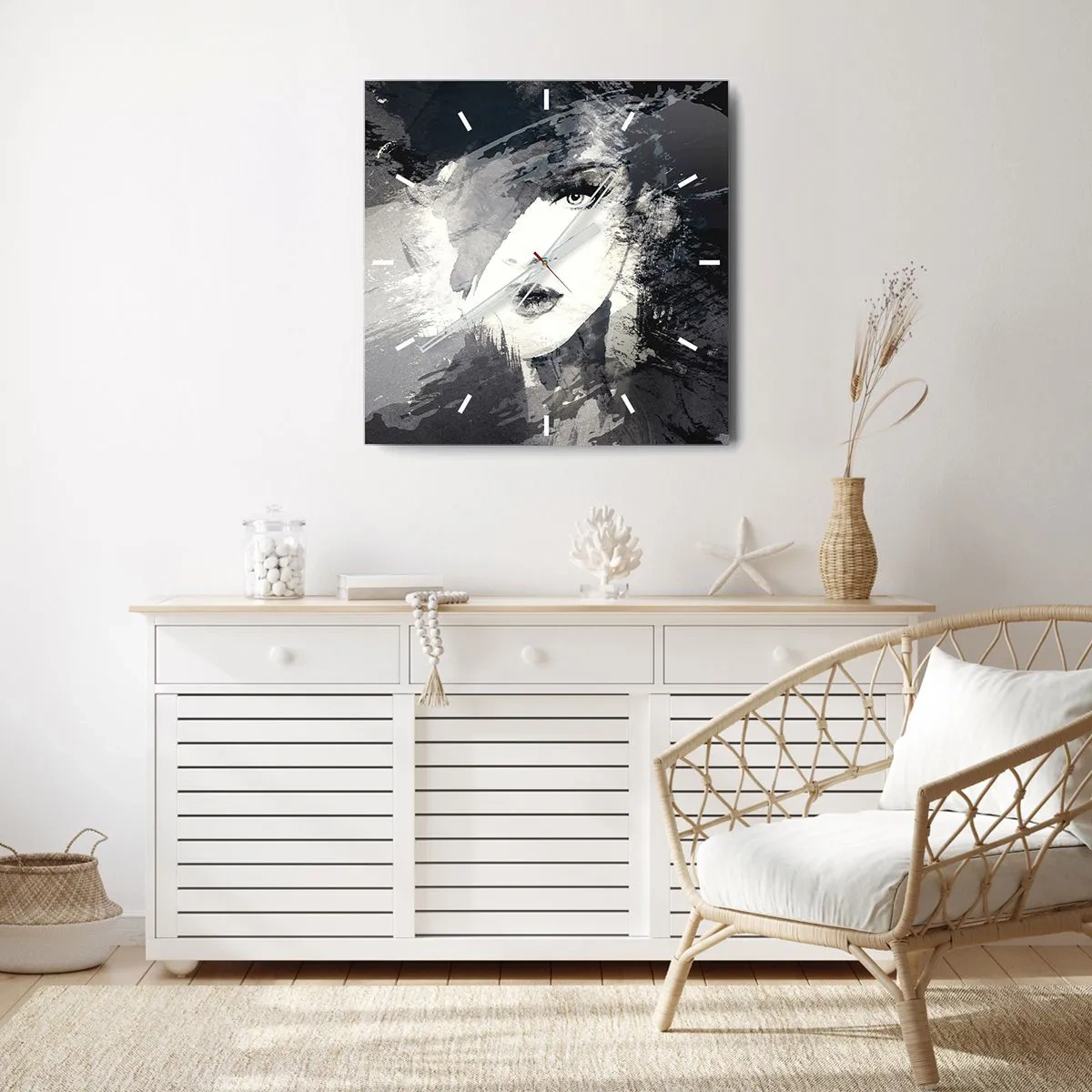 Horloge murale - Pendule murale - Un portrait abstrait d'une femme dans des tons de gris avec des accents délicats. - 30x30cm - Derrière un voile gris - Décoration murale moderne pour le salon et la chambre ARTTOR