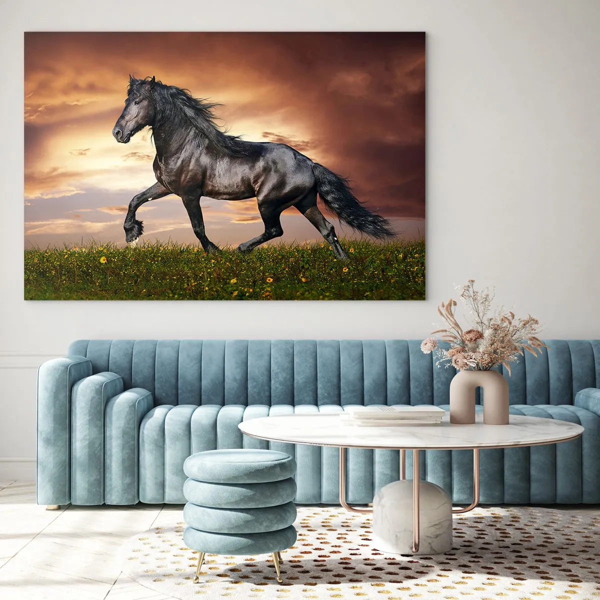 Impression sur verre - Image sur verre - Un cheval noir galopant contre le soleil couchant - 120x80cm - Livres noirs - Décoration murale moderne pour le salon et la chambre ARTTOR