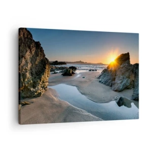 Impression sur toile - Image sur toile - Coucher de soleil pittoresque sur une plage rocheuse - 70x50cm - Intouché par la main de l'homme - Décoration murale moderne pour le salon et la chambre ARTTOR