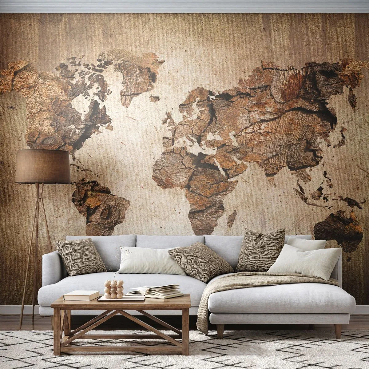 Papier Peint Photo Premium Sand - Carte du monde effet bois rustique - 100x70cm - Découverte du monde - Décoration murale moderne pour le salon et la chambre ARTTOR