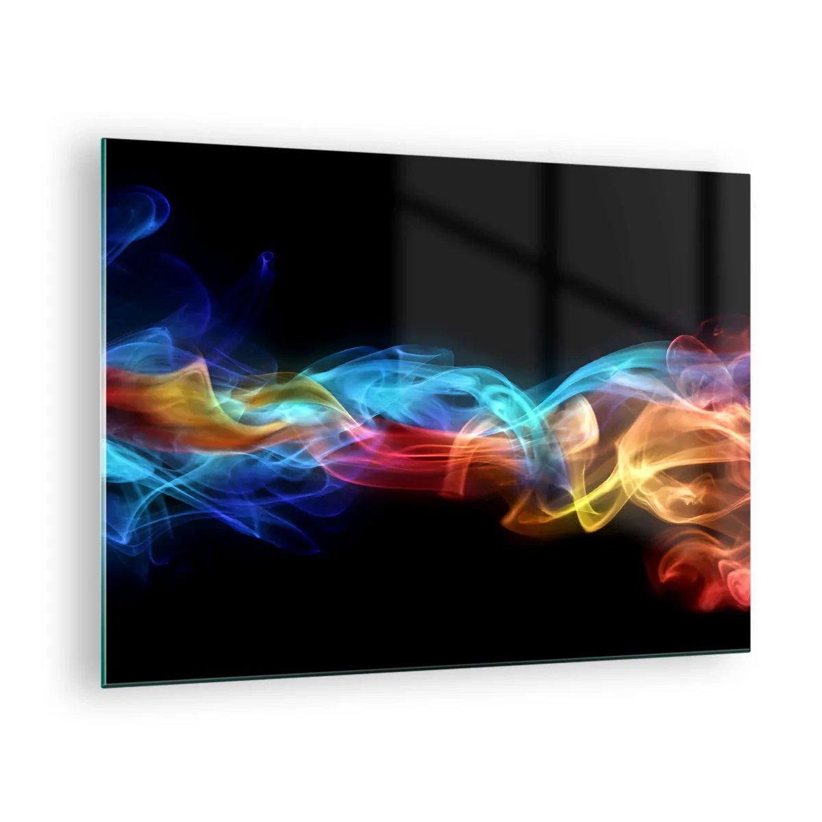 Impression sur verre - Image sur verre - Des traînées de fumée colorées sur un fond noir créant un motif abstrait - 70x50cm - Danse arc-en-ciel du brouillard - Décoration murale moderne pour le salon et la chambre ARTTOR