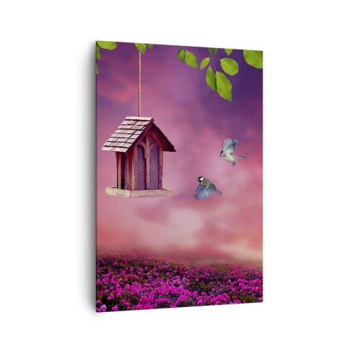 Impression sur toile - Image sur toile - Un paysage pittoresque avec un nichoir et un coucher de soleil - 70x100cm - Invitation à dîner - Décoration murale moderne pour le salon et la chambre ARTTOR