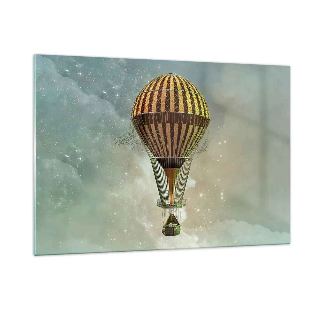 Impression sur verre - Image sur verre - Un ballon stylisé sur fond de ciel étoilé et de nuages. - 120x80cm - Vols pionniers - Décoration murale moderne pour le salon et la chambre ARTTOR