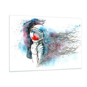 Impression sur verre - Image sur verre - Astronaute dans un décor spatial aquarelle dynamique - 120x80cm - Seul avec l'espace - Décoration murale moderne pour le salon et la chambre ARTTOR