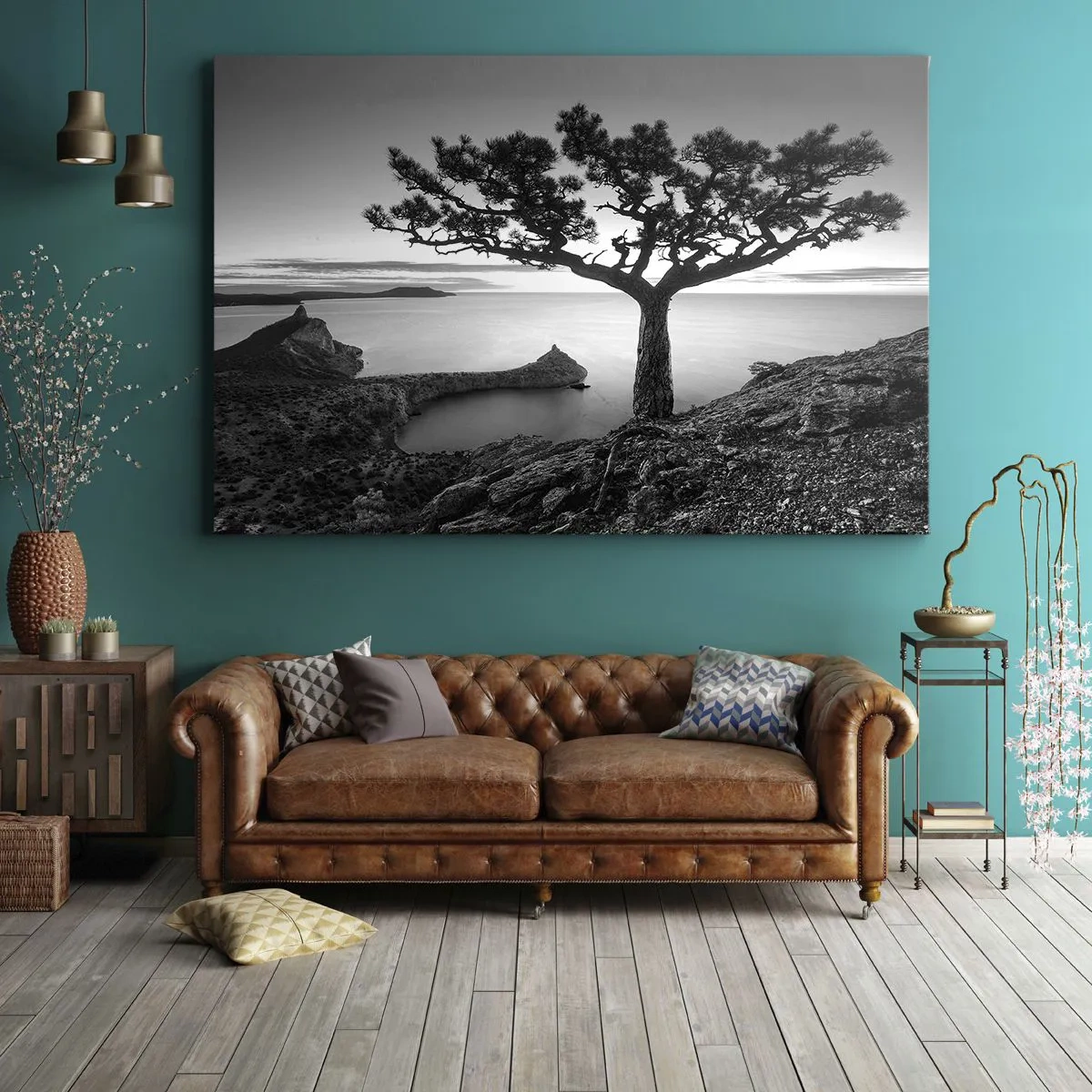 Impression sur toile - Image sur toile - Paysage noir et blanc avec un arbre solitaire sur une falaise au-dessus de la mer - 70x50cm - Paix jusqu'à l'horizon - Décoration murale moderne pour le salon et la chambre ARTTOR