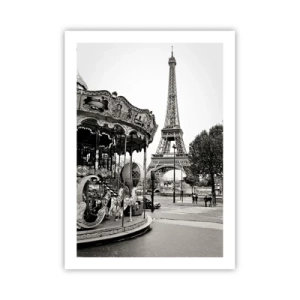 Affiche - Poster - Photo en noir et blanc du carrousel et de la tour en arrière-plan - 50x70cm - Aussi amusant, ce n'est qu'à Paris - Décoration murale moderne pour le salon et la chambre ARTTOR