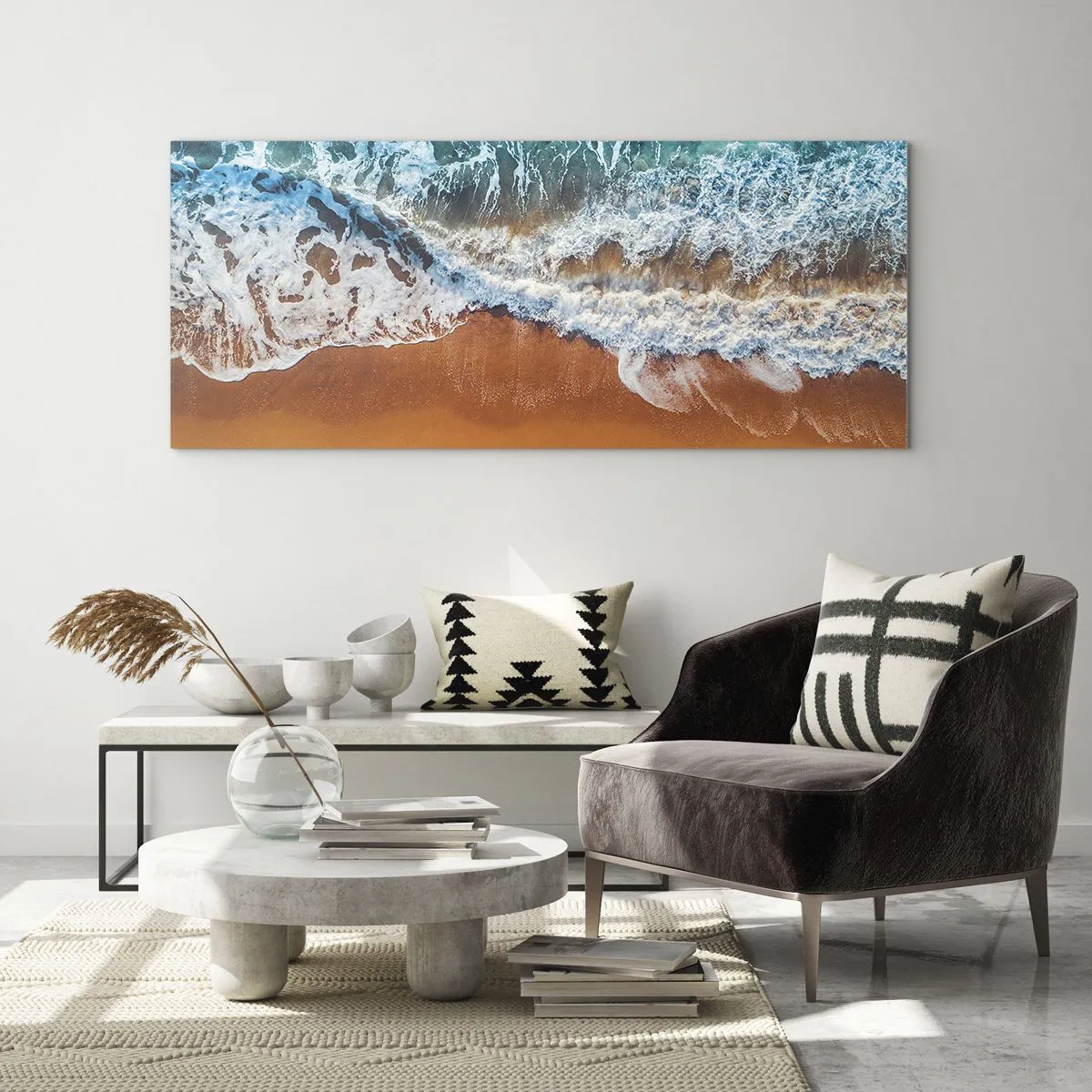 Impression sur verre - Image sur verre - Vue aérienne des vagues de l'océan s'écrasant sur le rivage - 120x50cm - Toujours ensemble - Décoration murale moderne pour le salon et la chambre ARTTOR