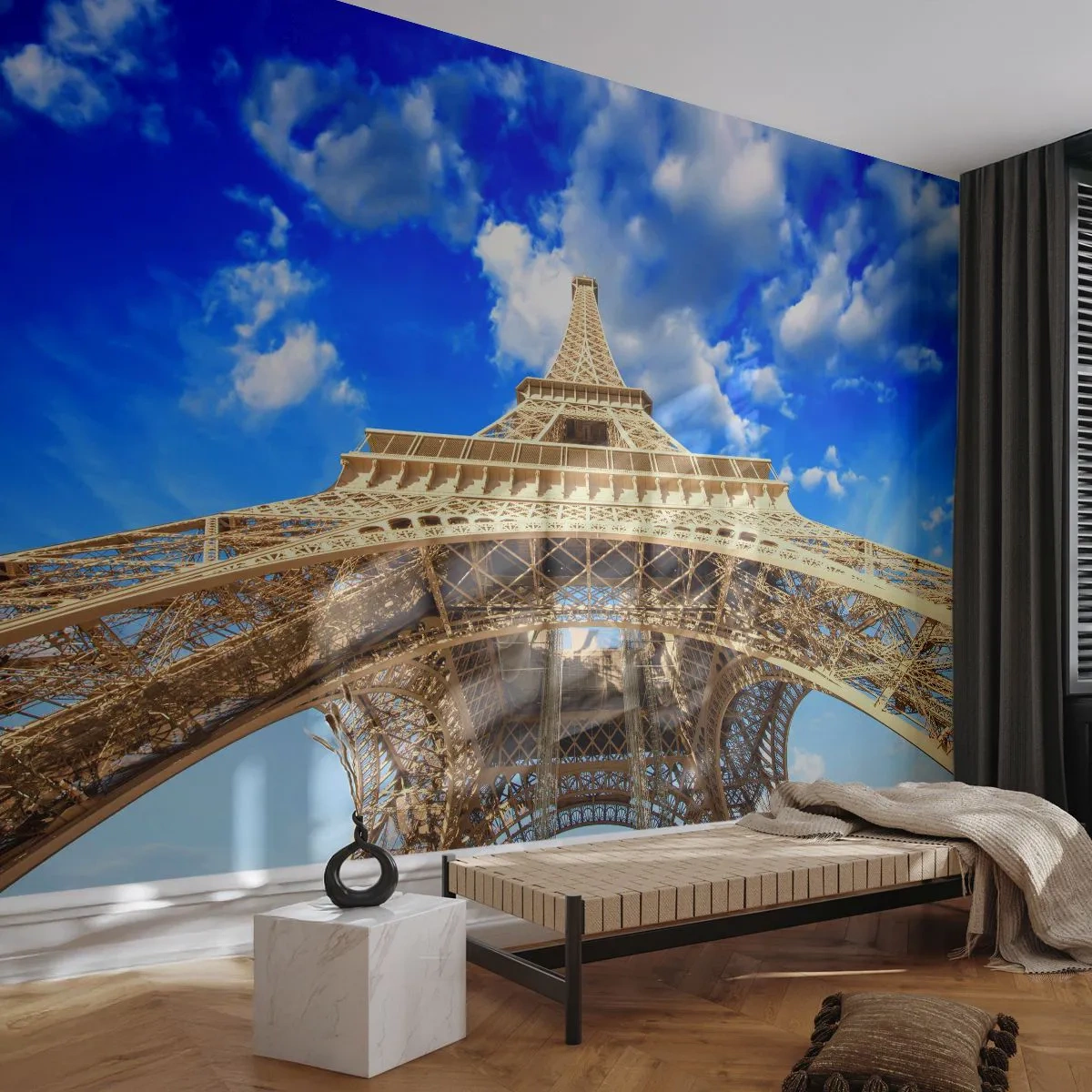 Papier Peint Photo Premium Sand - La Tour Eiffel contre un ciel bleu avec des nuages - 100x70cm - Atteindre le ciel et les nuages - Décoration murale moderne pour le salon et la chambre ARTTOR