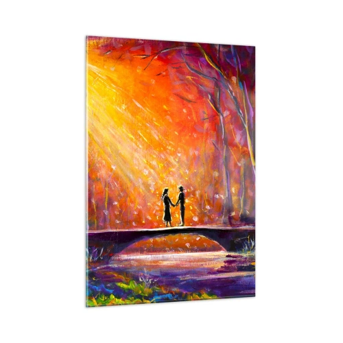 Impression sur verre - Image sur verre - Un couple sur un pont à la lumière du soleil couchant, entouré d'arbres. - 50x70cm - Le ciel les aime aussi - Décoration murale moderne pour le salon et la chambre ARTTOR