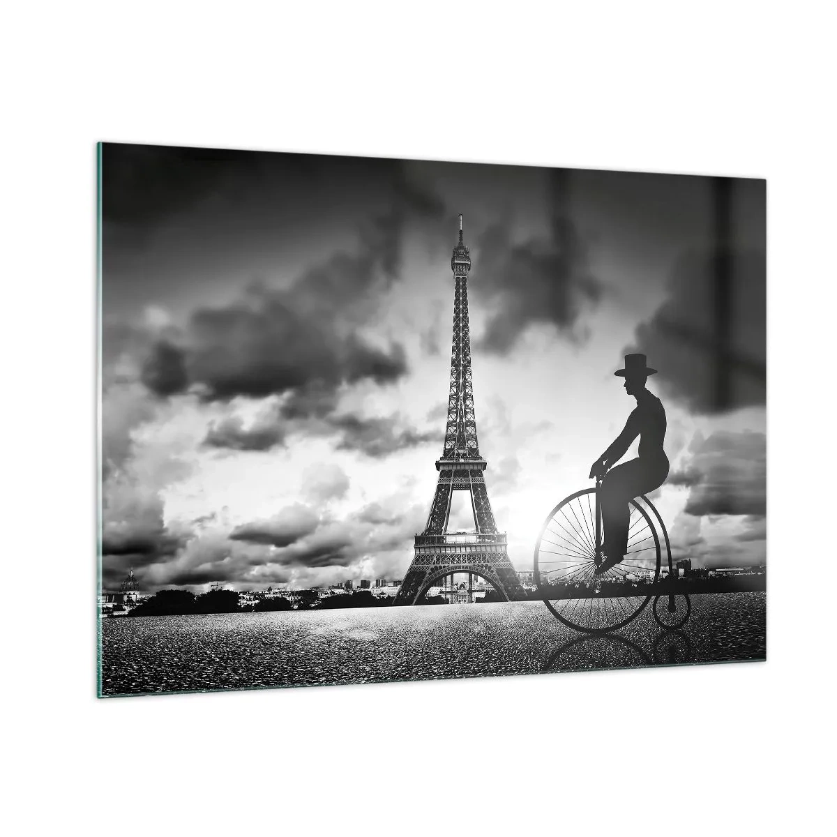 Impression sur verre - Image sur verre - Tour Eiffel avec vélo rétro en noir et blanc - 100x70cm - Nostalgie de la Belle Epoque - Décoration murale moderne pour le salon et la chambre ARTTOR