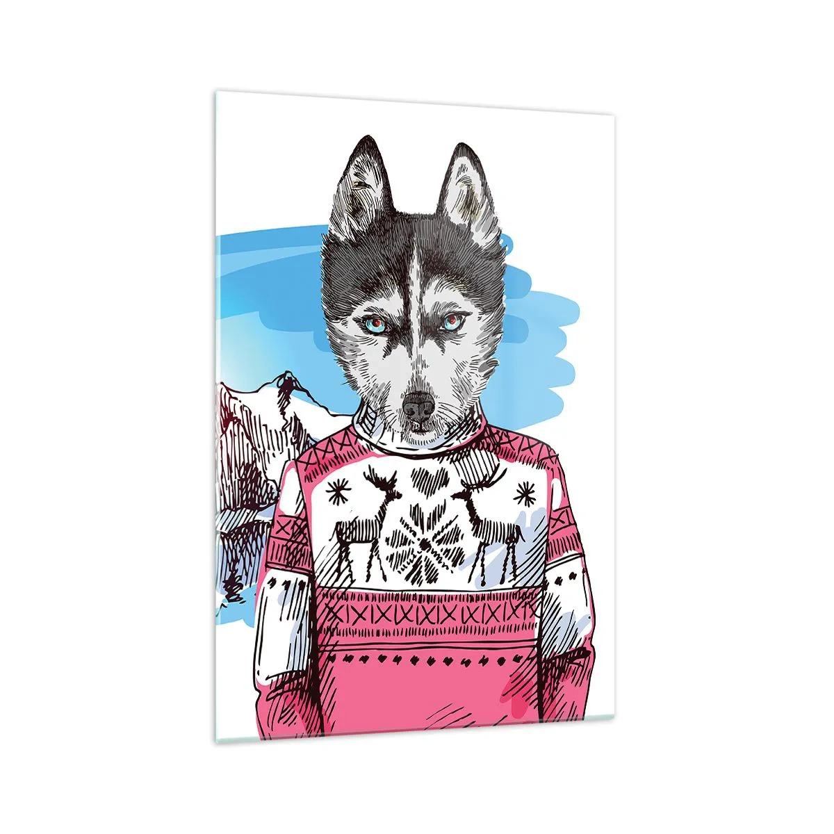 Impression sur verre - Image sur verre - Un loup dans un pull d'hiver sur fond de paysage de montagne - 70x100cm - Un loup en laine de mouton - Décoration murale moderne pour le salon et la chambre ARTTOR