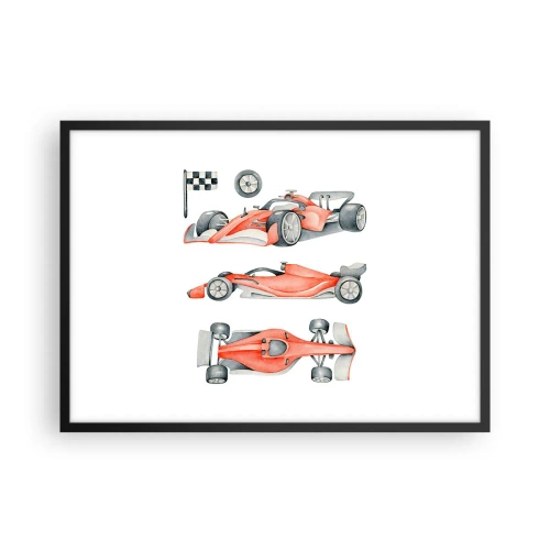 Affiche dans un cadre noir - Poster - Une voiture de course rouge avec un drapeau à damier - 70x50cm - poursuis ton rêve - Décoration murale moderne pour le salon et la chambre ARTTOR