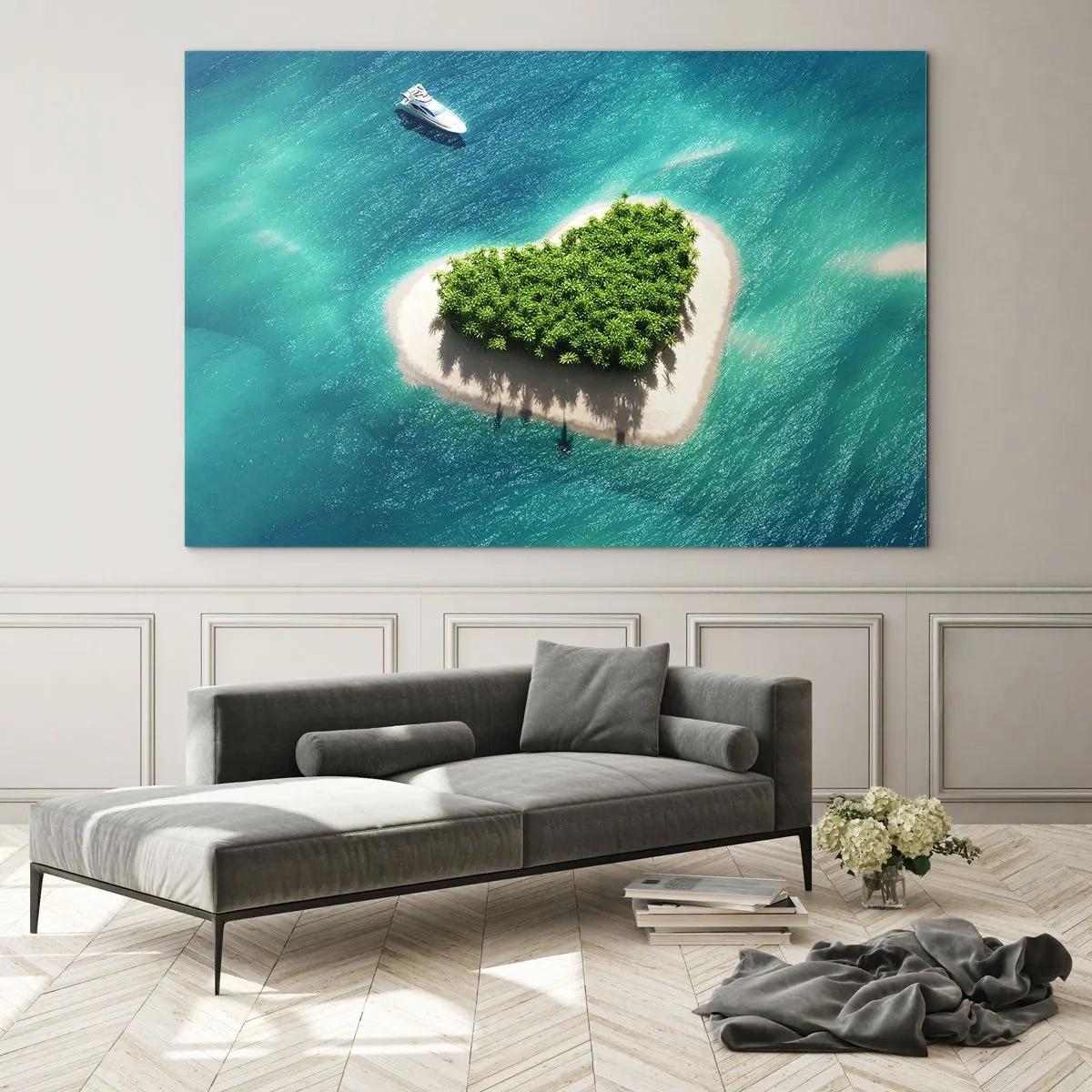 Impression sur verre - Image sur verre - Illustration d'une île en forme de cœur avec un bateau sur une mer turquoise - 120x80cm - J'aime l'été - Décoration murale moderne pour le salon et la chambre ARTTOR