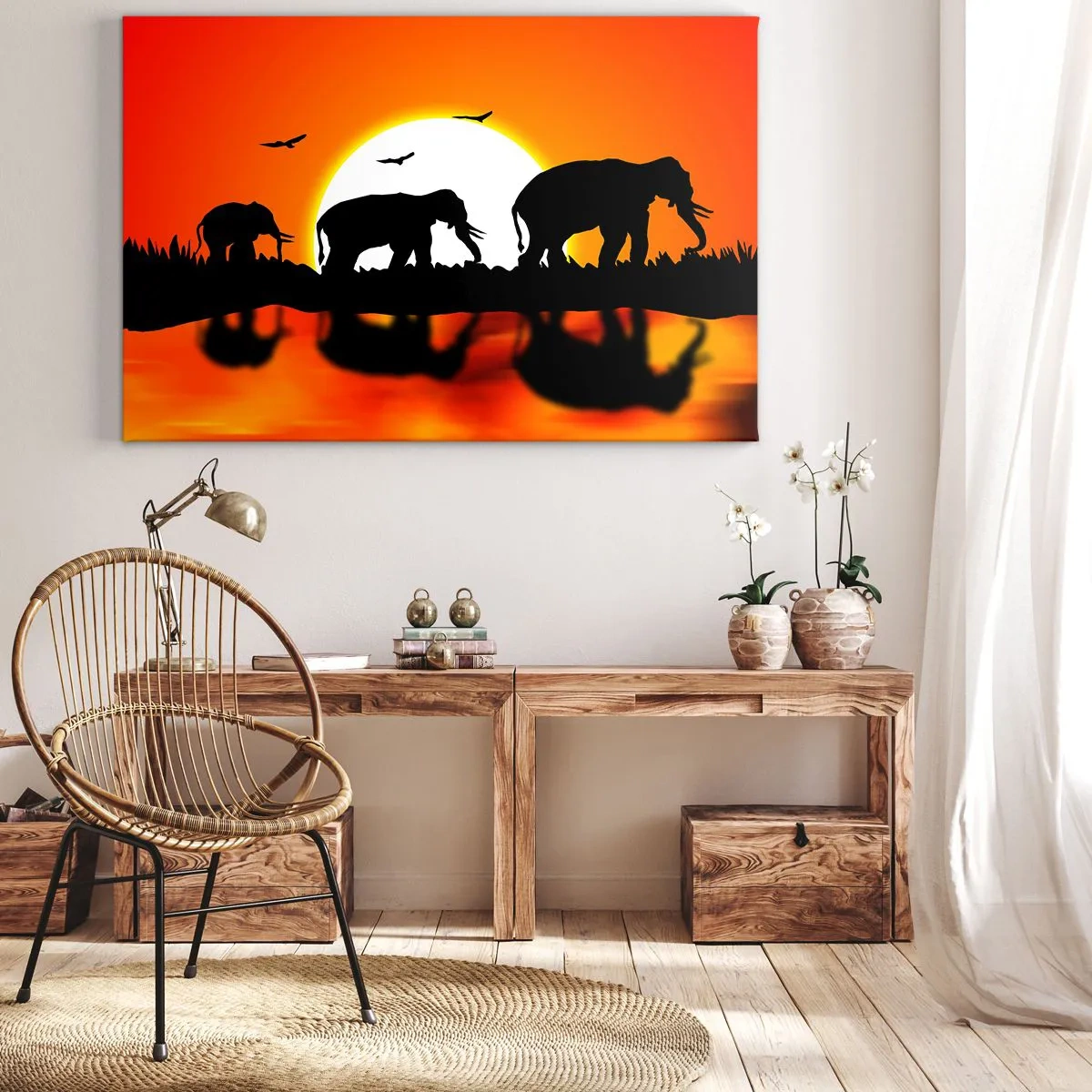 Impression sur toile - Image sur toile - Silhouettes d'éléphants au coucher du soleil sur l'eau avec reflet - 100x70cm - Et le soir pour un petit verre - Décoration murale moderne pour le salon et la chambre ARTTOR