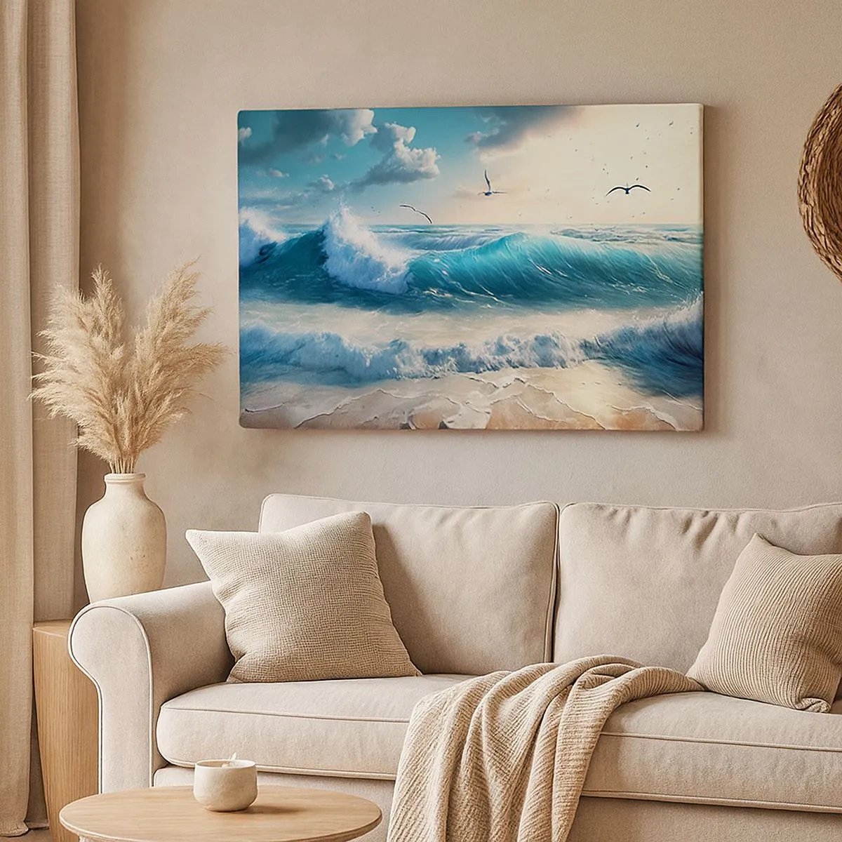 Impression sur toile - Image sur toile - Vagues de la mer sur la plage sous un ciel bleu avec des mouettes - 70x50cm - Ça bourdonne seulement pour toi - Décoration murale moderne pour le salon et la chambre ARTTOR
